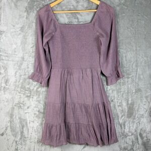 J GEE Womens Smocked Mini‎ Dress Purple Square Neck Tiered Boho Size M Peasant